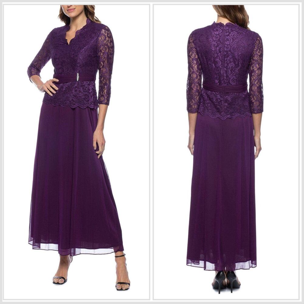 Marina Scalloped V-Neck Formal Dress Lace Eggplant Plum 3/4 Sleeves Wedding MOTB